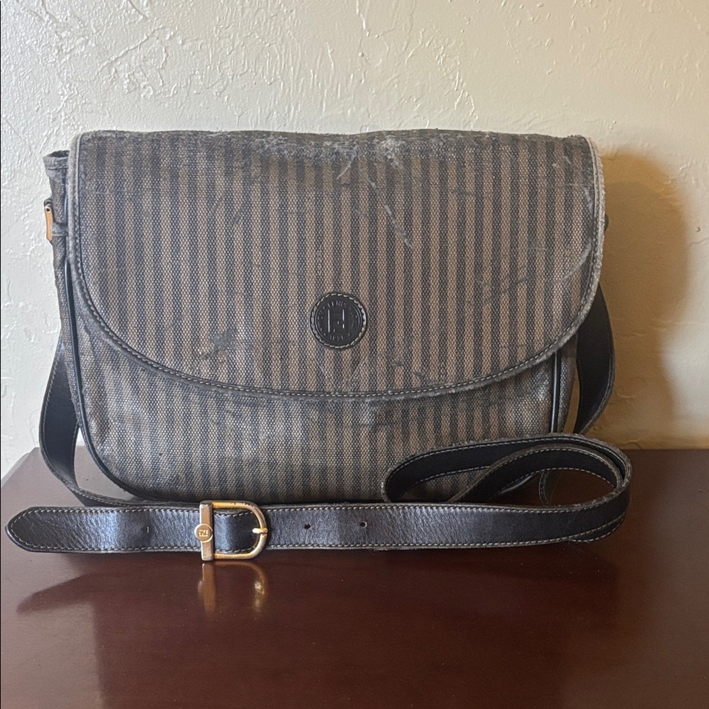 Fendi Authentic Elegant Black Striped Crossbody Bag